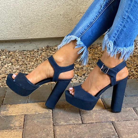 Denim Blue Distressed Towering Platform Sandal - Picture 4 of 12